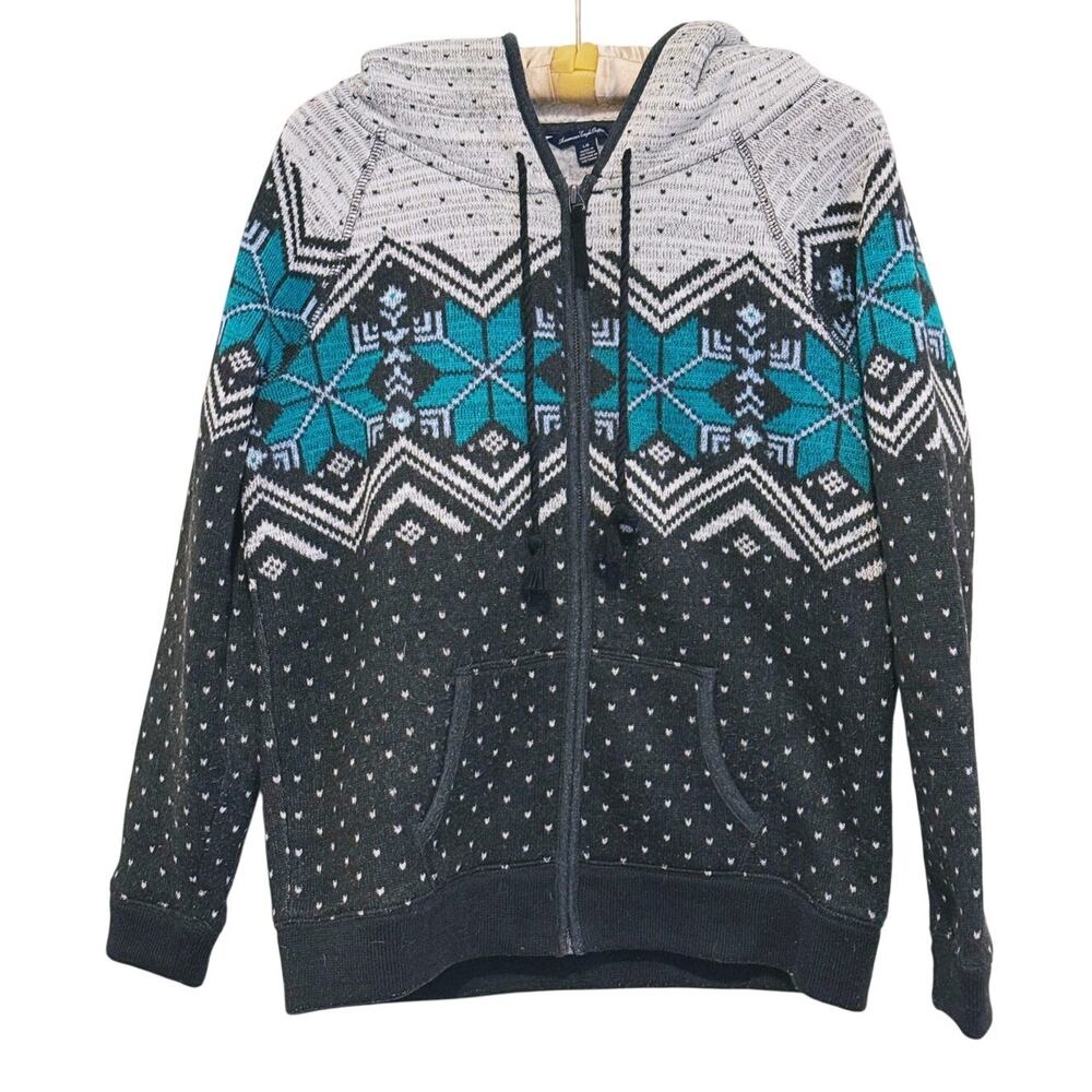 VTG American Eagle Mens Y2K Indie Full Zip Hoodie Jacket Large Gray Teal Retro